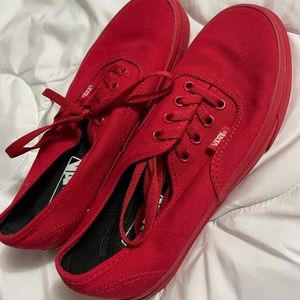 All red low top Vans (BRAND NEW) (6.5 W, 5 M)
